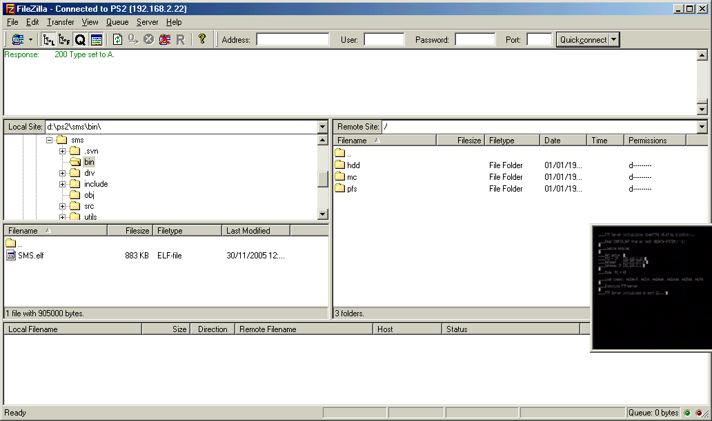 FileZilla FTP client while connected to PS2.