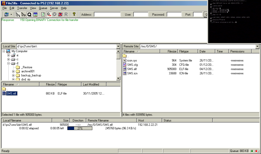 FileZilla FTP client: Transfer of file in progress.