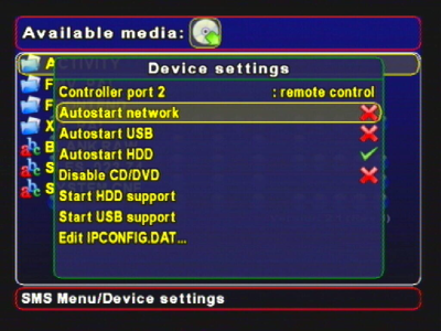 Screenshot of Device settings menu (Autostart network disabled)