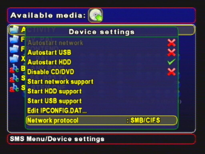 Screenshot of Device settings menu (Select SMB/CIFS Network protocol)