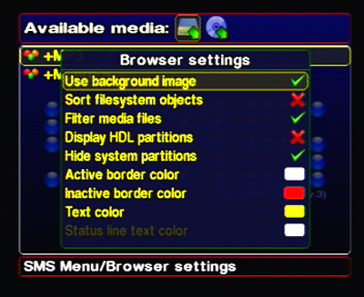 SMS Browser Settings Menu.