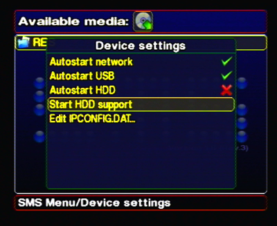 SMS 1.6 Device Settings Menu.